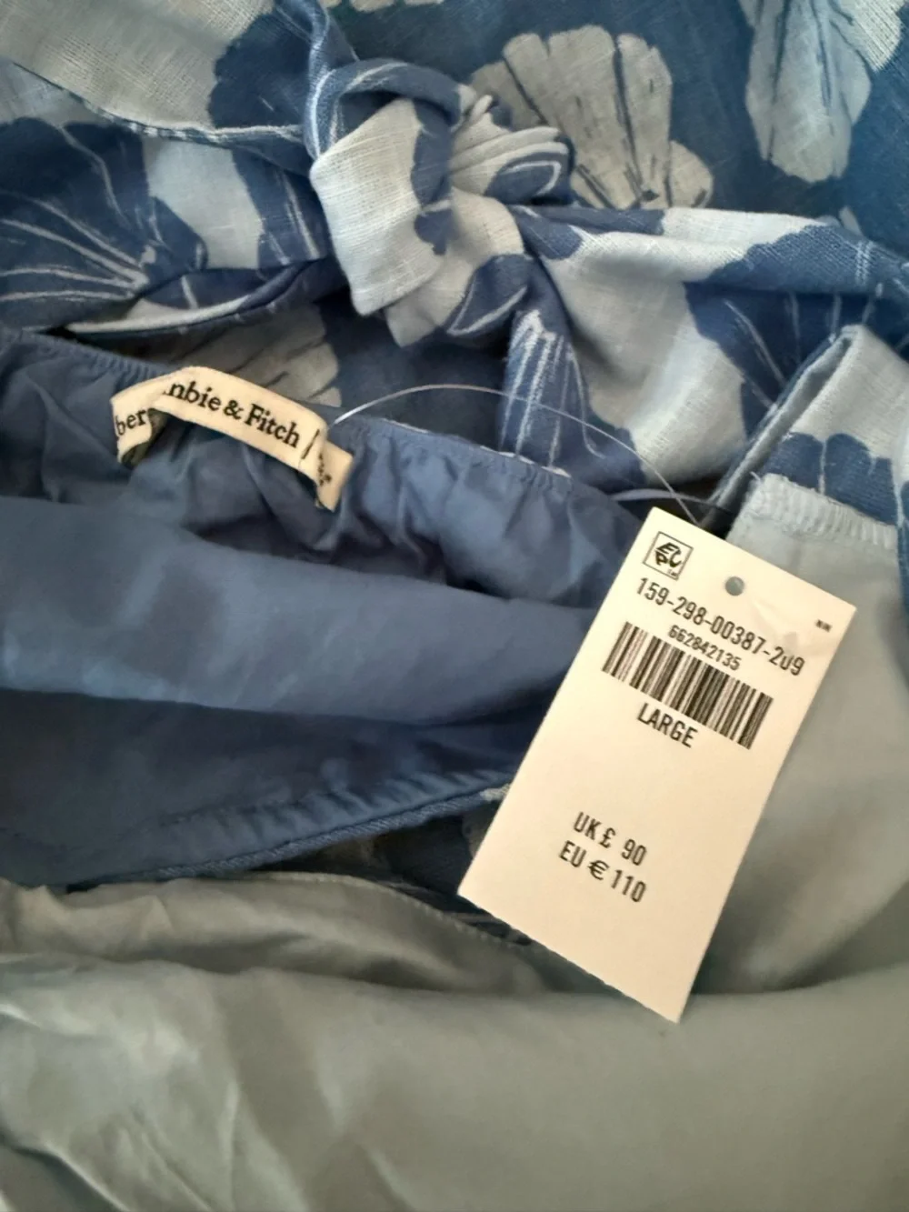 NWT Abercrombie Shell Print Cutout Twist Front Maxi Dress Blue Linen Size L
